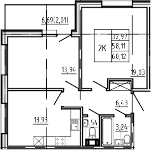 2-комнатная квартира 60.12 м², 4/5 эт., Комплекс апартаментов «Bereg. Курортный»